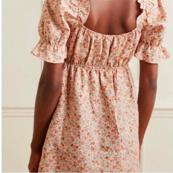 Reformation Channa Linen Ditsy Floral Puff Sleeve Mini Dress Orange Cream  Size M - www.joarbit.com